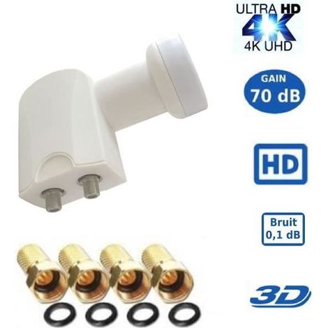 LNB Twin SR-2088, 0.1dB High Gain 70 DB  - Tête Parabole Universelle Compatible Full HD 4K TNTSATCanal+ Astra et FRANSAT+4fiches F