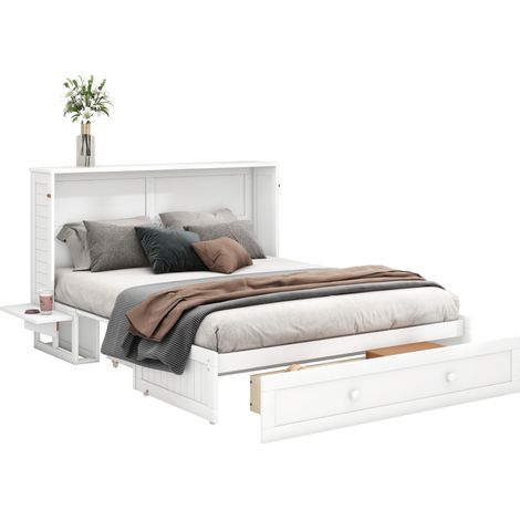 =(WX000705AAK) Lit armoire mobile 140 x 200 avec tiroirs au pied du lit et petite étagère sur le côté, lit plateforme convertible, blanc (1/5)
