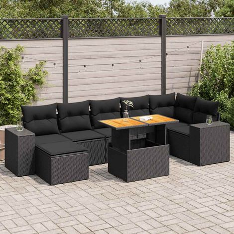 Ensemble Salon Jardin 8 Places Résine Tressée Noir avec Table Réglable et Coussins - Meuble Extérieur Modulaire avec Rangement (1/5)