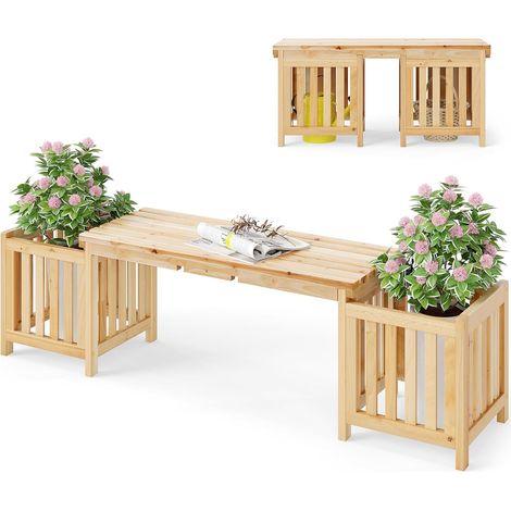 GOPLUS 2 en 1 Banc de Patio avec 2 Bacs à Fleurs, Banc de Jardin en Bois de Sapin pour 2 Personnes avec Jardinières, Conception de Fente pour Un Assemblage Facile, pour Balcon/Terrasse/Arrière-Cour