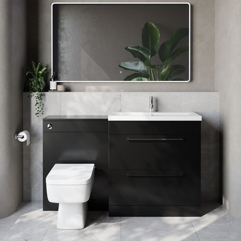 Napoli 390 Cento Matt Black 1400mm 2 Drawer Vanity Unit Toilet Suite with Glide Basin - 1400mm - Chrome 480mm HandleWith Kingston Toilet Pan and Seat