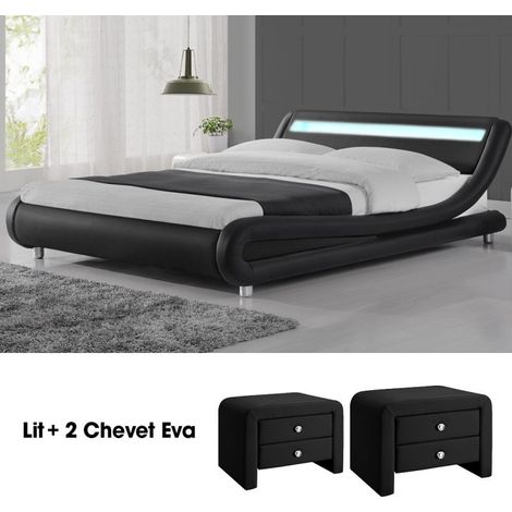MEUBLER DESIGN Lit Design Julio 160 Avec 2 Tables Chevet Eva En Noir, Polyuréthane, Style Contemporain, 216.5 x 175 x 62 cm (1/5)