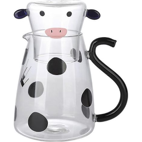 Glas-Wasserkaraffe-Set mit Becher, niedliche Cartoon-Kuh, kalt, groß (1/5)