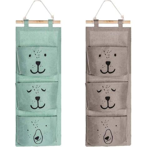 SABIR-Sac de rangement mural en 2 pièces avec 3 poches, panier/sac en lin, rangement étanche pour lunettes, télécommande et bijoux. (1/5)
