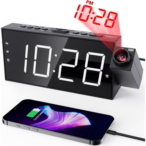 Réveil Projecteur, Reveil Projection Plafond Horloge Projecteur Blanc avec Charge USB, Réveil Matin pour Gros Dormeur/Enfant/Adults, Affichage LED, 12/24H, Snooze (1/5)