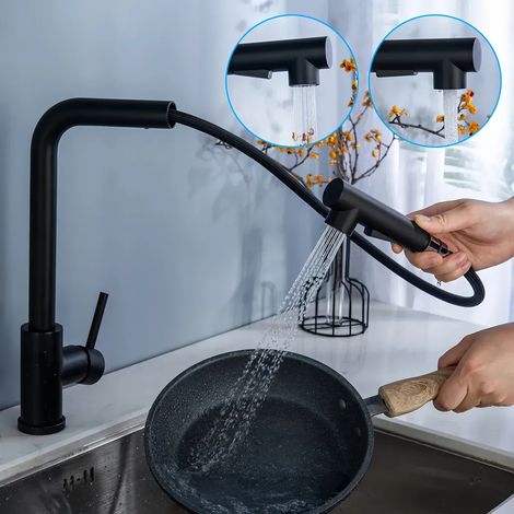 Grifo de cocina giratorio 360° y retráctil, dos modos, fabricado en acero inoxidable 304, grifo para fregadero de cocina, grifo para lavabo, tipo extraíble, color negro. (1/4)