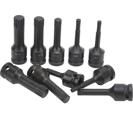Coffret de 10 douilles carrées 1/2" (12,7 mm) avec embouts de tournevis à impact CRMO M5 et M18, longueur 78 mm, et boîte de rangement. (1/5)