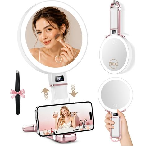 Miroir Maquillage Lumineux 30X/1X, Miroir Grossissant de Voyage Portable et Pliable, Réglable en Hauteur, Écran Numérique, Support Téléphone, Intensité Réglable, Or Rose (1/5)