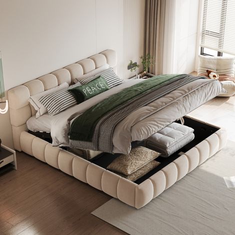 Lit coffre 140x190cm - Lit double 140x190 -  avec Rangement Hydraulique et Tête de Lit Confortable – en Velours Beige (1/5)