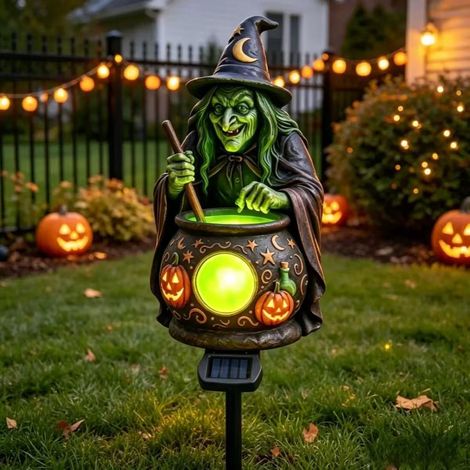 Lampe solaire à enfoncer pour Halloween, sorcière avec chaudron lumineux, décoration de jardin
