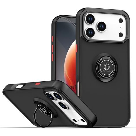 (Noir et rouge, iPhone 15) Étui de téléphone avec anneau magnétique, agréable au toucher, protection antichoc pour l'objectif. (1/5)