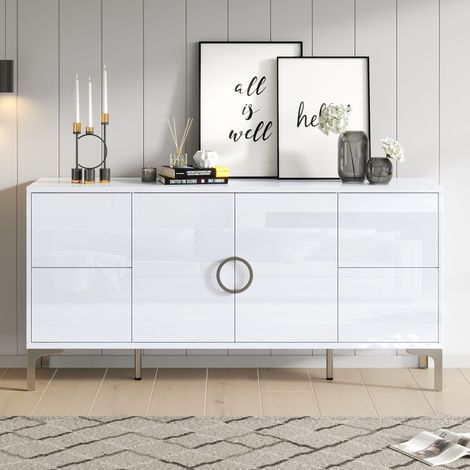 Credenza bassa da soggiorno 150x38x59.5 cm, madia design moderno mobile contenitore per cucina e ingresso, con 4 cassetti e 2 ante, gambe in metallo, Bianco (1/5)