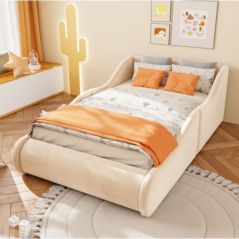 Cama infantil 90x200 cm con cabecero alto y barandillas de protección, terciopelo beige, uso diario (1/5)