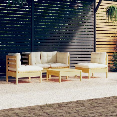 FIMEI Salon de jardin 5 pcs avec coussins crème Bois de pin massif (1/5)