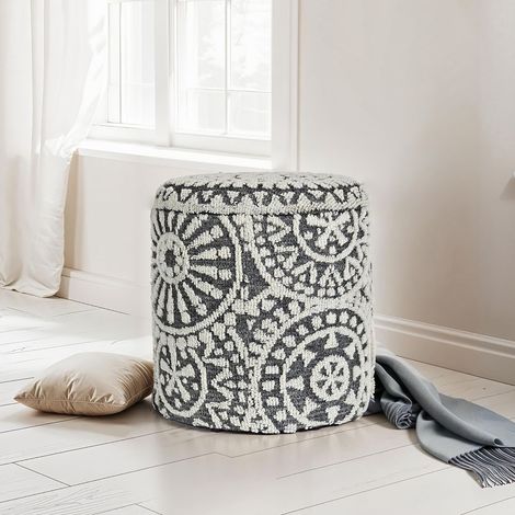 Pouf boho avec coffre de rangement 40x45 cm en laine gris et écru (1/5)