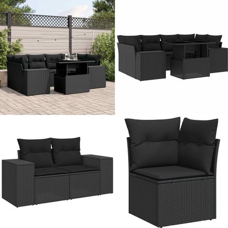 Salon de jardin 7 pcs avec coussins noir résine tressée - Ensemble Salon De Jardin - Meuble Extérieur - Jardin Design - Mobilier Résistant Aux Intempéries - Chaise Longue - Home & Living (1/5)