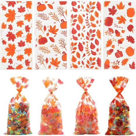 Packung mit 100 transparenten Geschenktüten aus Kunststoff mit Drehverschluss, Blatt-, Kürbis- und Herbstmotiven, 4 verschiedene Ausführungen für Leckereien, Süßigkeiten, Kekse, Gastgeschenke und Zell (1/5)