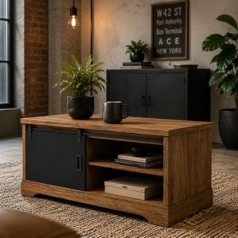Table basse industrielle rectangle noir et bois 120cm NOVA (1/4)