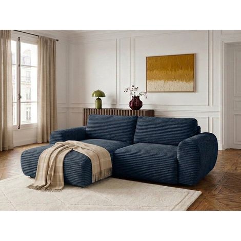 BOBOCHIC - Canapé d'angle compact convertible coffre LUCIEN gros côtelé doux Angle gauche  Bleu foncé (1/5)