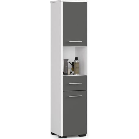 Columna de baño AKORD FIN Blanco 30 cm 2 puertas 1 cajón frente en color Gris Grafito 5 estantes 30x30x140 cm (1/5)