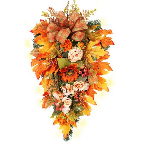 Künstlicher tropfenförmiger Kranz aus Ahornblättern, Pfingstrosen und Sonnenblumen, Herbstdekoration mit Lichterkette, 55 x 32 cm (21,7 x 12,6 Zoll). (1/2)