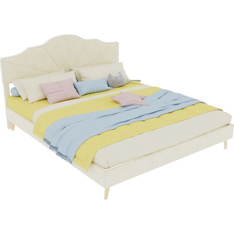 Lit double 160x200 cm rembourré beige, tête de lit géométrique capitonnée, structure en tissu et métal, matelas inclus, style moderne pour chambre - CHICFURN (1/5)
