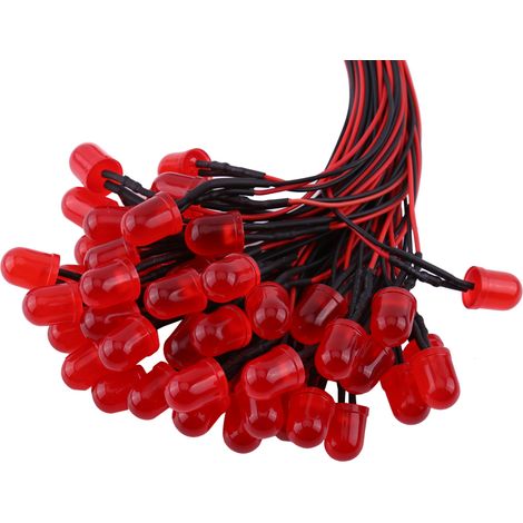 Lot de 50 LED 10mm diffuses 12V DC pré-câblées, diodes multicolores rouge (9) pour projets DIY (1/4)