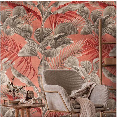 Photo wallpaper wall Profhome 391854 hot embossed non-woven wallpaper smooth with jungle elements matt pink salmon pink beige grey 1,59 m x 2,8 m (1/5)