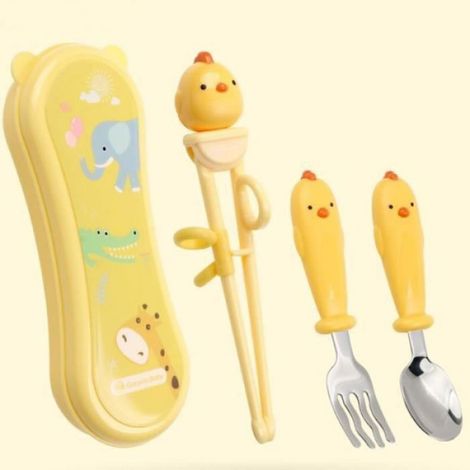 Baguettes Pour Enfants - Apprentissage Baguettes avec Cuillère et Fourche - Boîte Portable Jaune - Lot de 3 Pièces (1/4)
