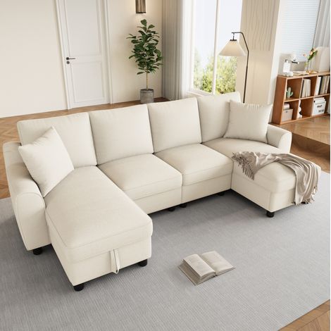 Canapé d’angle en U 280x137x84 cm beige en chenille avec rangement (1/5)