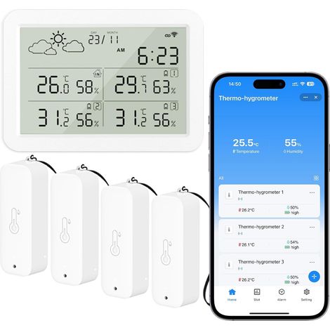 Station Météo WiFi Intérieur Extérieur avec 4 Thermomètre Hygromètre Sans Fil avec Date et Prévisions, Compatible Tuya/Smart Life pour Maison, Cave à vin, Serre (1/5)