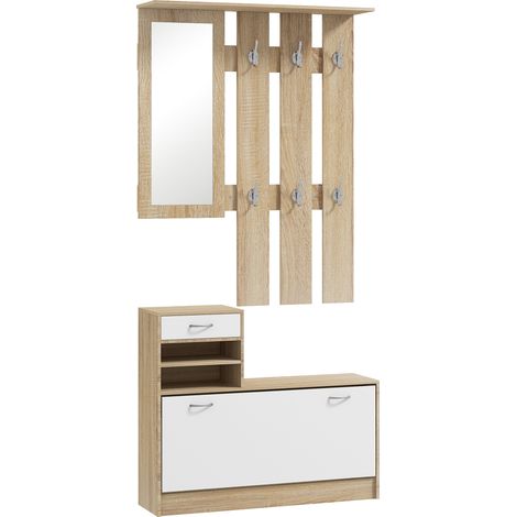 Ensemble meuble d'entrée avec miroir, porte-manteau et étagère à chaussures, meuble de couloir 2 pièces avec crochets, étagères et tiroir, finition naturelle