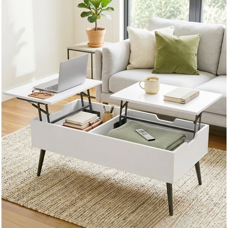Table basse relevable 100 x 50 cm blanche avec rangement caché, OKWISH (1/5)