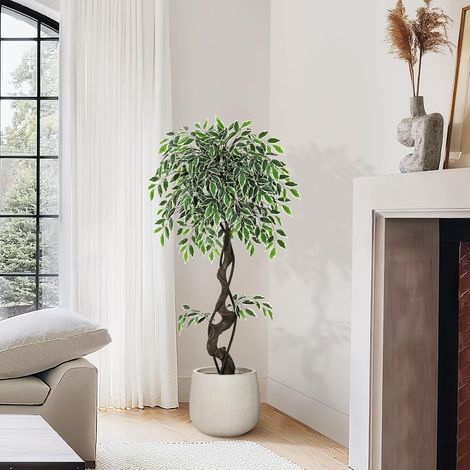 Ficus Artificiel réaliste - Plante décorative intérieure/externeérieur avec Pot céramique Blanc, Galets et Mousse Verte - Idéal Maison, Bureau, Salon - Entretien Facile - Taille : 120cm (1/5)