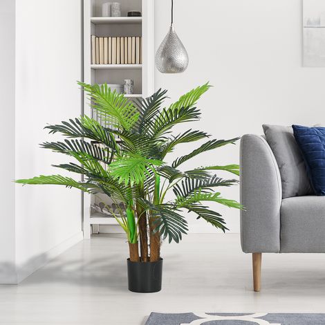 Palmier artificiel, 1 m, brun+vert, avec pot, plastique, plante décorative, branches réalistes