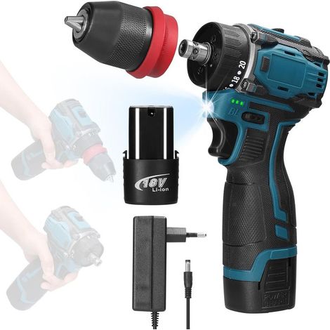 Perceuse-visseuse sans fil 18 V, deux batteries 1300 mAh, couple max 45 Nm, 23 + 1 niveaux de couple, 2 vitesses, lampe de travail LED pour réparation et bricolage (1/5)