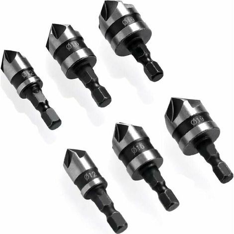 6 Pièces Fraise à Chanfreiner 90 Degrés Hexagonale pour Métal et Bois Ø 6-19 mm (1/4)