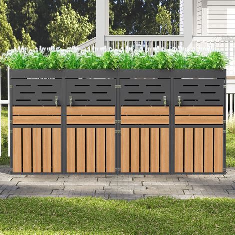 Armoire d'extérieur polyvalente avec bac à fleurs intégré, aération à lamelles, 4 casiers indépendants, cadre en acier galvanisé et câble de verrouillage – idéale pour le stockage et la déco du jardin (1/5)