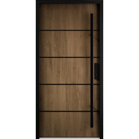 Porte d'entrée en acier pleine et inox H207 x L100 cm effet noyer - épaisseur 68 mm - poussant gauche - LUSADA