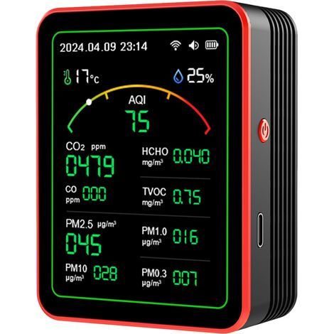 Moniteur de CO2, compteurs de qualité de l’air intérieur 15 en 1, détecteur portable de dioxyde de carbone, écran LCD rétroéclairé CO2 TVOC HCHO PM2.5 PM10 Testeur avec réveil pour la maison et le bur (1/5)