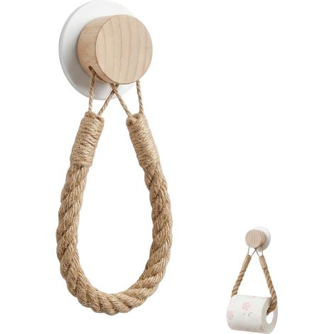 Porte Papier Toilette Mural en Bois et Corde, Support Papier Toilette Sans Perçage, Dérouleur Papier Toilette Adhésif Rustique pour Salle de Bain et WC, Style Vintage Industriel, 1 Pièce (1/5)