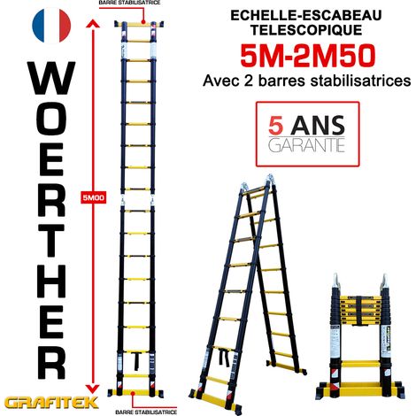 Woerther – Échelle télescopique 5m avec barre stabilisatrice – Charge maximale 150kg – Verrouillage automatique – Pour chantiers humides (1/3)