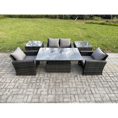 Fimous Outdoor Garden Dining Sets 4 Seater Rattan Patio Furniture Sofa Set with Rising Lifting Table 2 Side Tables Dark Grey Mixed (1/5)
