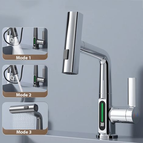 (Argent) Robinet de lavabo avec affichage numérique de la température, pommeau de douche extractible, mélange d'eau chaude et froide. (1/5)