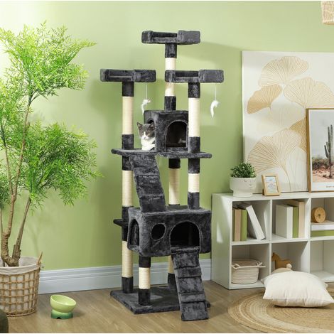 Arbre à chat XXL 49x49x173 cm en MDF gris avec 3 plateformes, pour salon, gain de place – MEUBLIV (1/5)