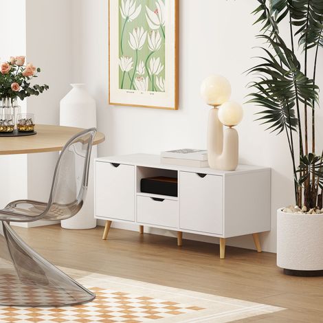 Meuble TV sur roulettes pour écrans max 50 pouces, tiroir, étagère ouverte et armoires, 110x40x50 cm, finition bois et blanc (1/5)