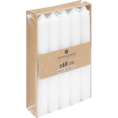 Atmosphera – Lot de 10 bougies bâtons blanches H 16 cm – Cire – Durée de combustion 6h – Pour bougeoirs standards (1/2)