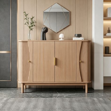 Buffet 140 x 40 x 88 cm en MDF, commode aux bords arrondis, 2 portes coulissantes, meuble de rangement pour salon ou entrée, charge maximale 60 kg, meuble d'appoint en bois naturel (1/4)