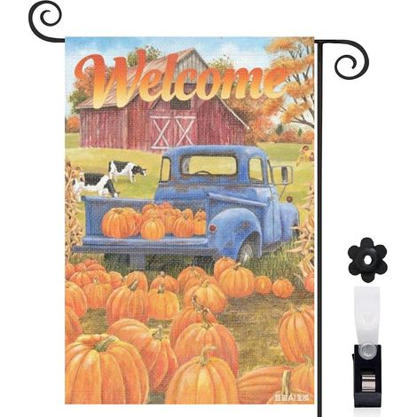 Drapeau de jardin automne 30 x 45 cm motif citrouilles et camion ancien toile double face résistante pour extérieur (1/5)