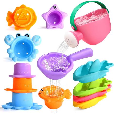 Ensemble de 9 jouets de bain empilables et anti-moisissures pour jouer dans l'eau : gobelets empilables, arrosoir, tamis et moules d'animaux. Idéal pour le bain et la piscine. Cadeau parfait pour les (1/5)